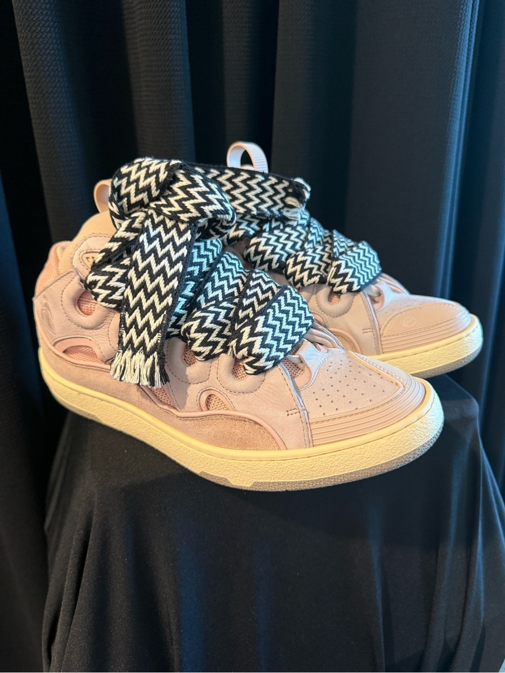 Lanvin Pink Suede Low-Top Sneakers with Black & White Zigzag Laces